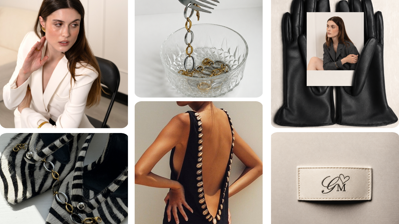 A collage of fashion accessories and clothing including a woman with long hair in a white blazer, a glass bowl with a bracelet, a woman in a backless dress with shell details, a pair of black gloves with a photo of the same woman, a black-and-white striped fabric with pearl and gold chain embellishments, and a close-up of a clothing tag with initials 'GM' and a heart.