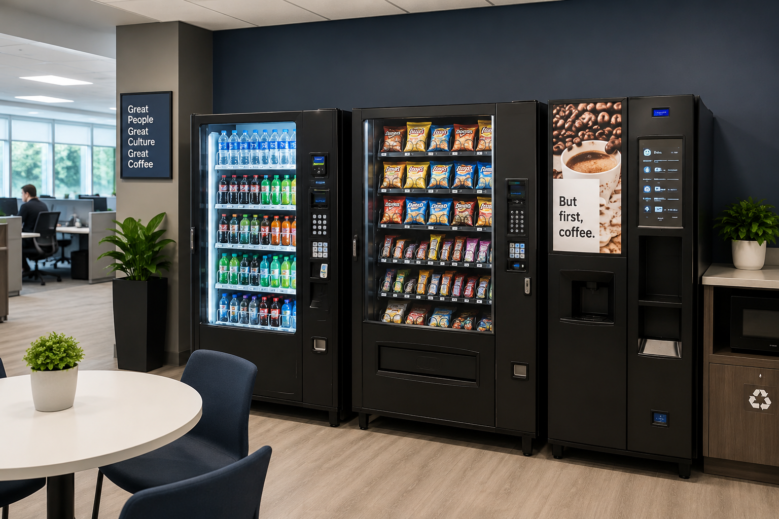 Office break room with vending machines, a round table with a potted plant, and chairs in foreground.