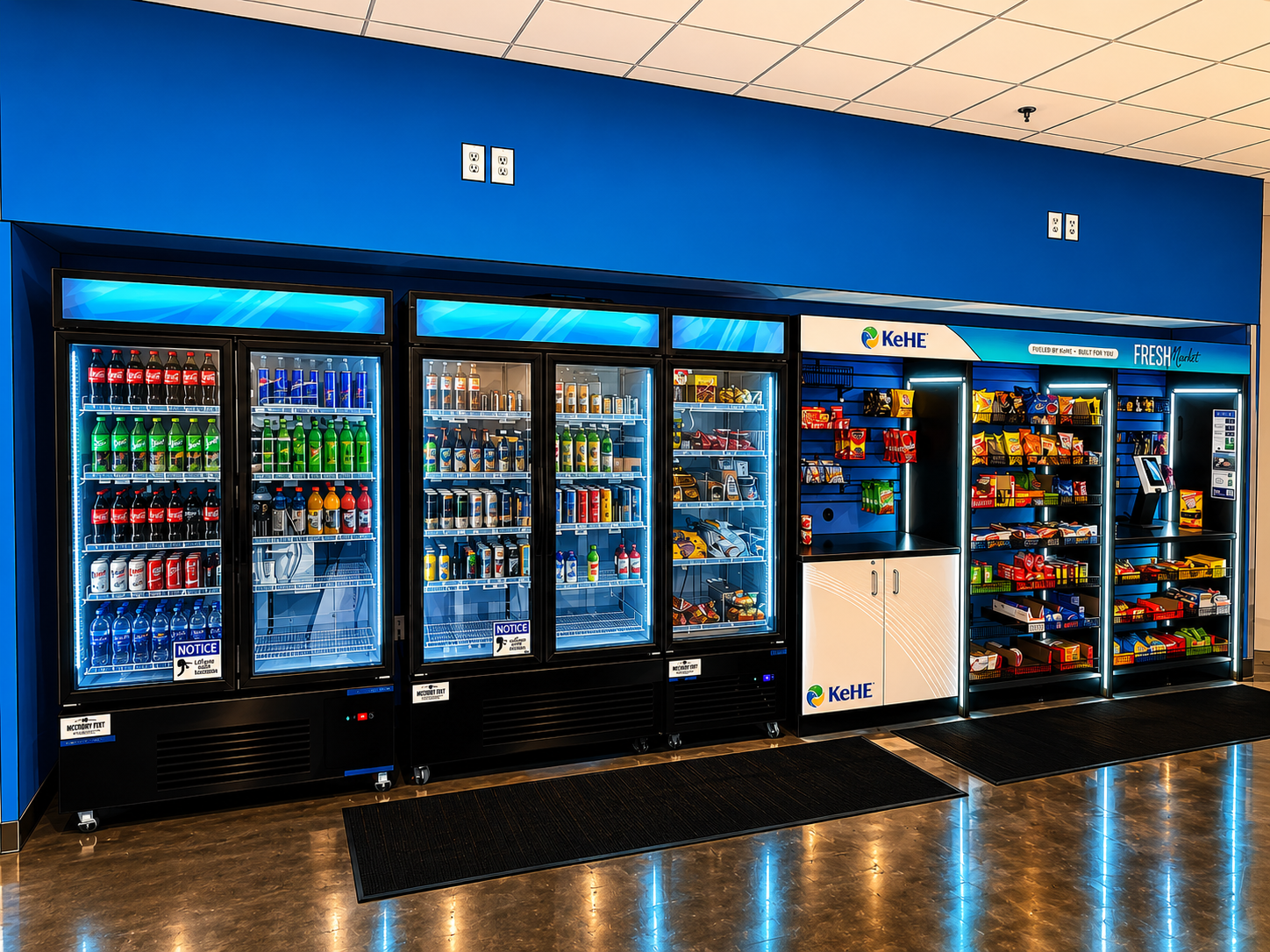 A vending machine with beverages on the left and snacks on the right, located against a blue wall in an indoor setting.