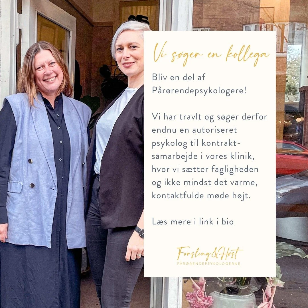 Vi l&oslash;ber st&aelig;rkt for de p&aring;r&oslash;rende her i klinikken, og s&oslash;ger endnu en hjertevarm psykologkollega ❤️
Del gerne med dem du t&aelig;nker det kunne have relevans for.