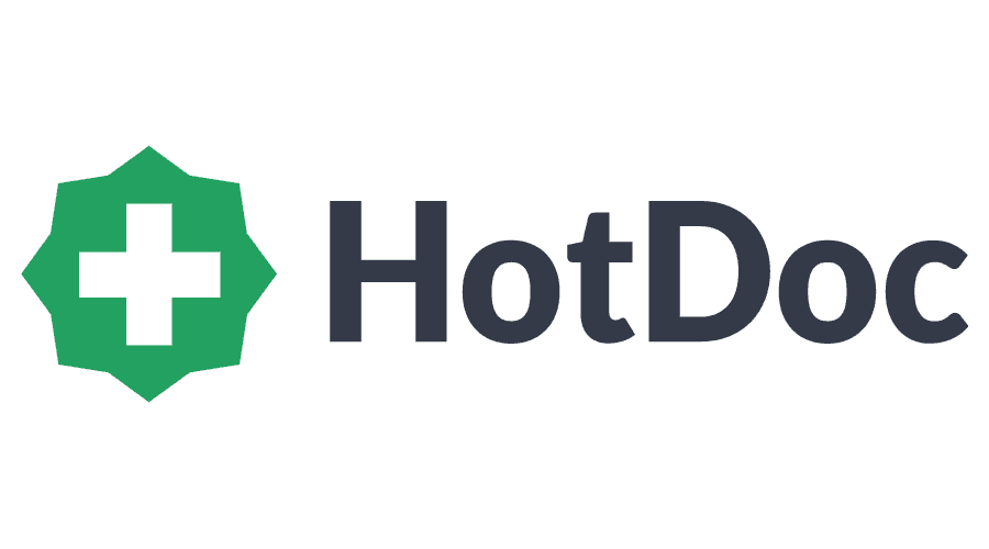 Logo of HotDoc featuring a green medical cross with a white plus sign inside and the text 'HotDoc' in bold black font.
