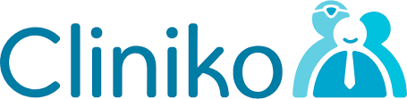 Cliniko logo featuring the word 'Cliniko' with a person wearing glasses and a necktie, standing next to a stylized person in a medical coat.