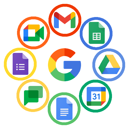 Collection of icons representing Google Workspace apps including Gmail, Google Drive, Google Calendar, Google Sheets, Google Docs, Google Slides, and Google Forms.