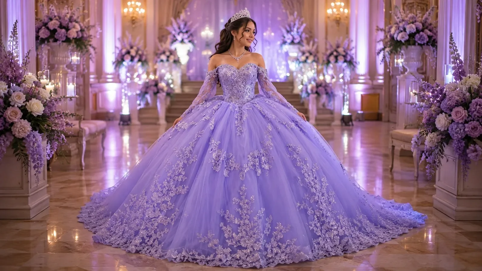 Lavender quinceañera ball gown with off-shoulder bodice, sheer cape sleeves, beaded silver lace appliqués cascading down the skirt, and a model in a tiara — displayed in a sunlit ballroom with purple floral arrangements and uplighting