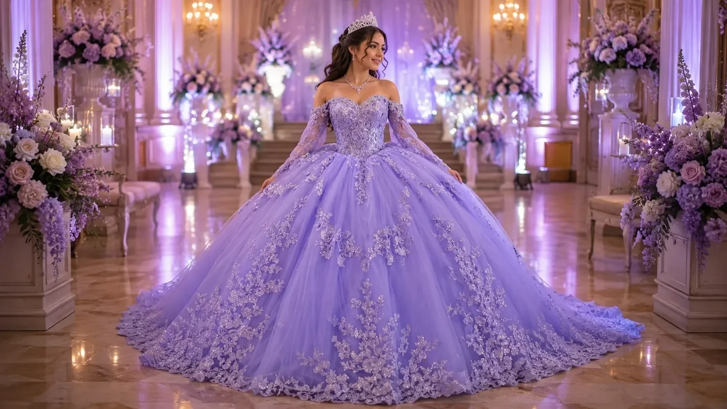 Vestido de gala de quinceañera lavanda con hombros descubiertos, mangas de capa transparente y apliques plateados de encaje con pedrería cayendo por la falda, en un salón con arreglos florales morados