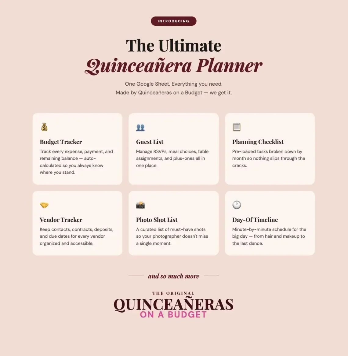 Overview of the Ultimate Quinceañera Planner showing six core features: budget tracker, guest list, planning checklist, vendor tracker, photo shot list, and day-of timeline — free for DFW families from Quinceañeras on a Budget