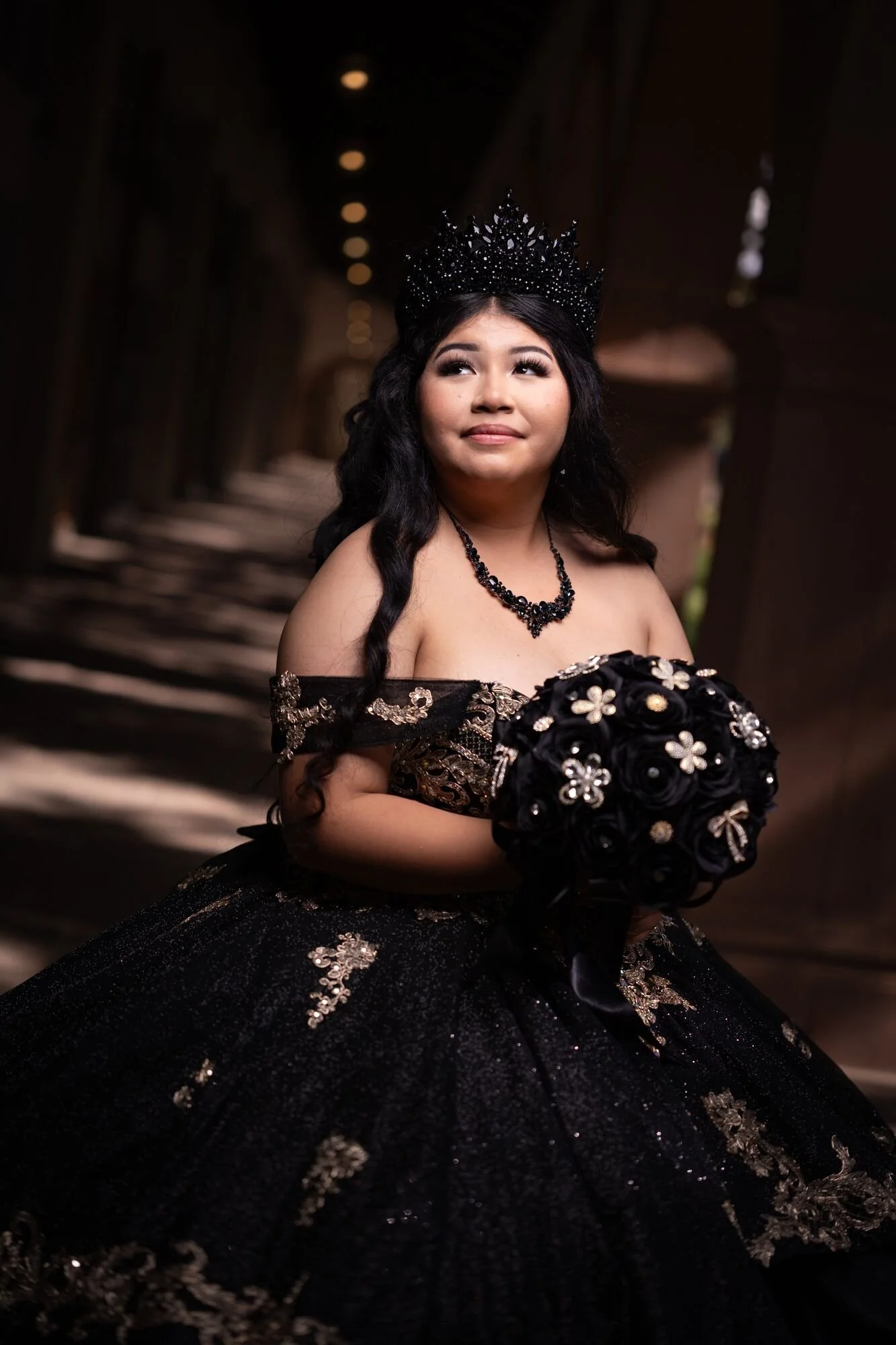 Dramatic quinceañera preshoot in Mandalay Canal arcade at Las Colinas DFW with editorial lighting