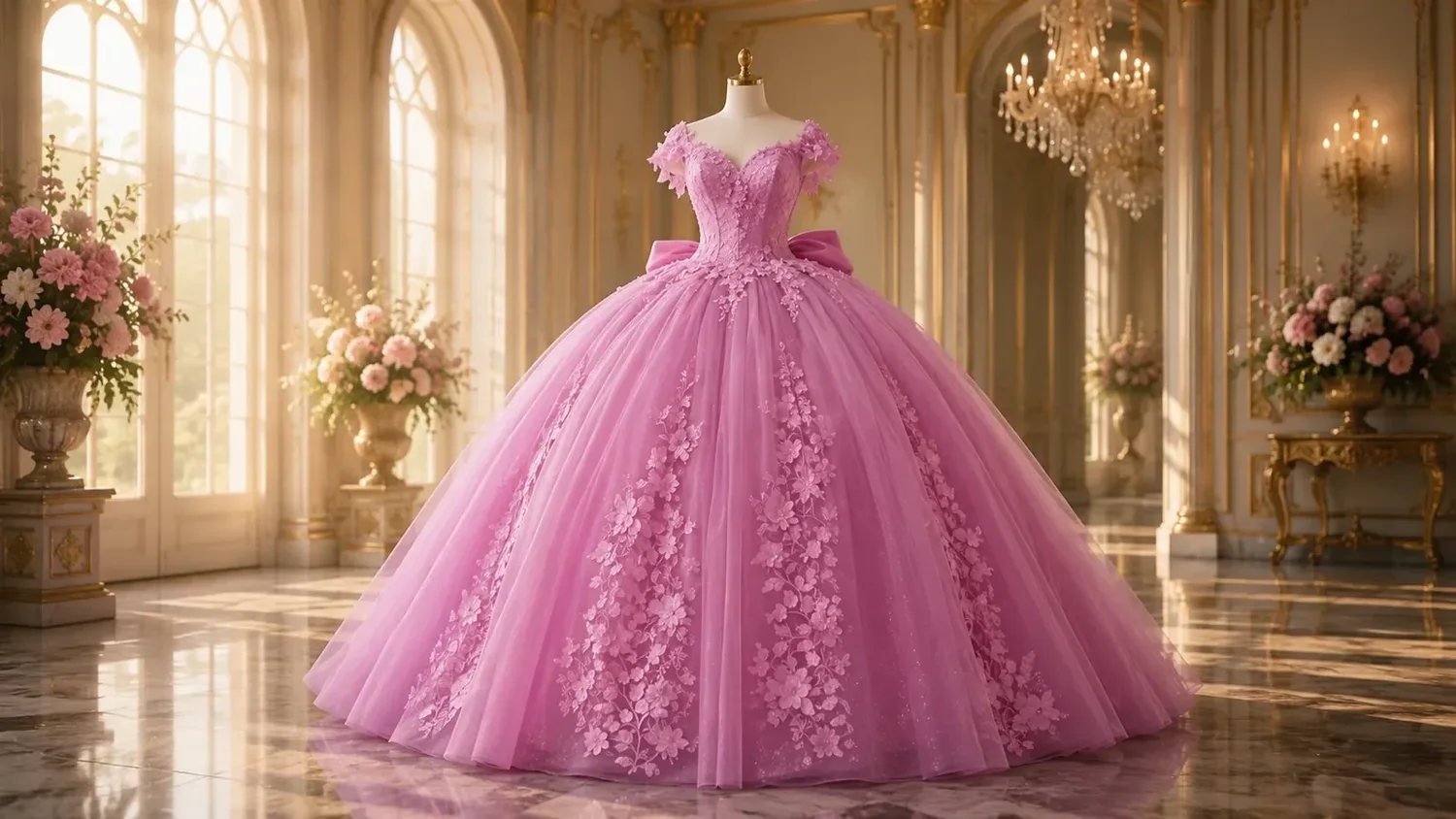 Vestido de gala de quinceañera rosa con hombros descubiertos, apliques de encaje floral 3D cayendo por la falda y moño en la espalda, en un salón palaciego dorado