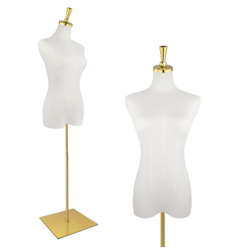 a white mannequin used to hold up a quinceanera dress for presentation or cleaning