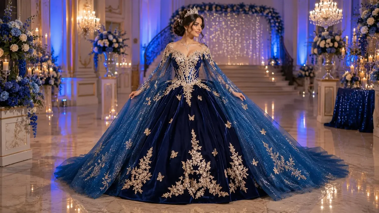 Vestido de gala de quinceañera de terciopelo azul marino con hombros descubiertos, apliques de mariposas doradas en corpiño y falda, y capa larga transparente con brillo dorado