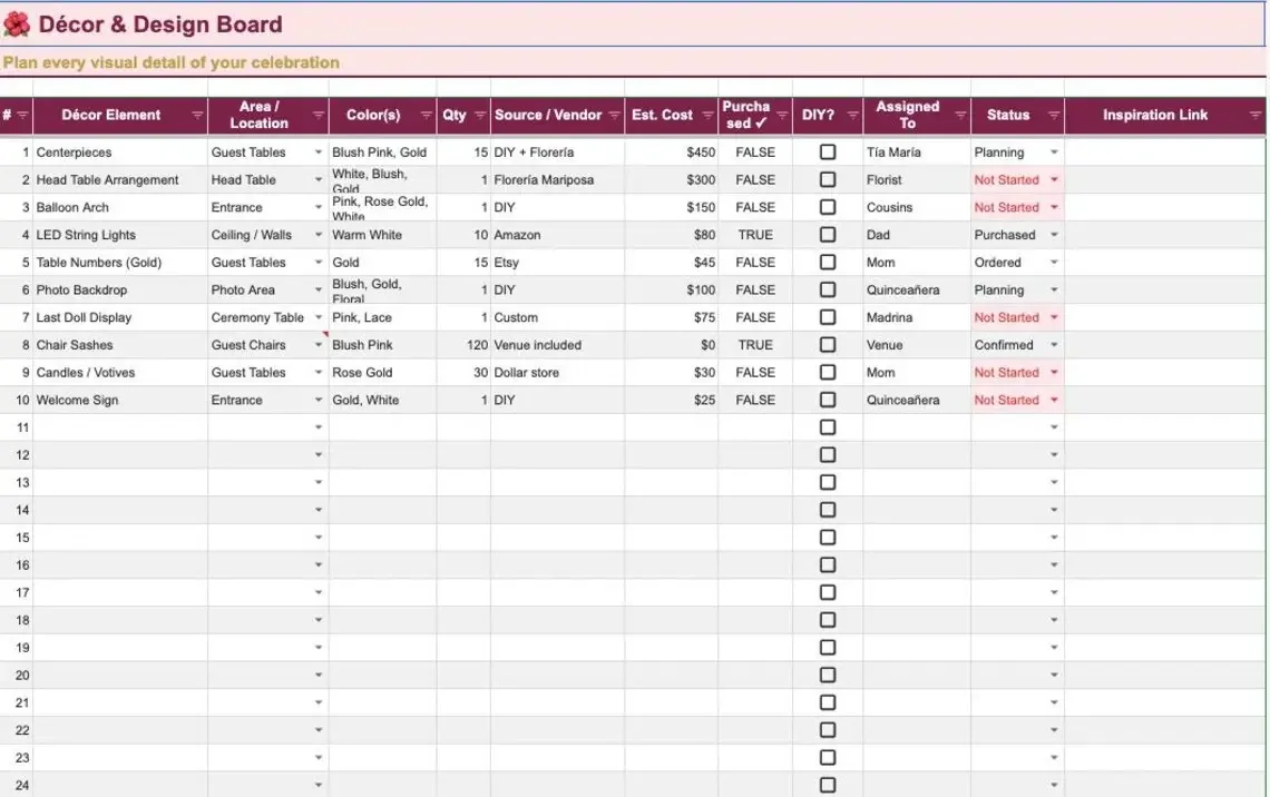 Quinceañera Planner vendor comparison spreadsheet with side-by-side rows for venue, caterer, and photographer/videographer options to track name, address, price, deposit, availability, and ratings