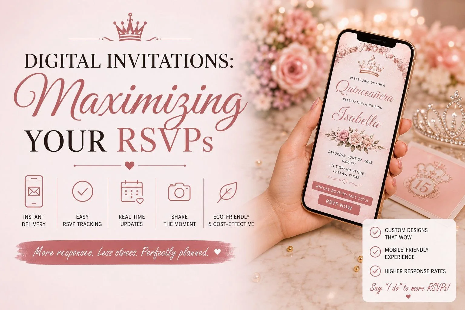 Hand holding a smartphone showing a rose-pink quinceañera digital invitation with an RSVP button, surrounded by florals, a tiara, and rose gold pearls