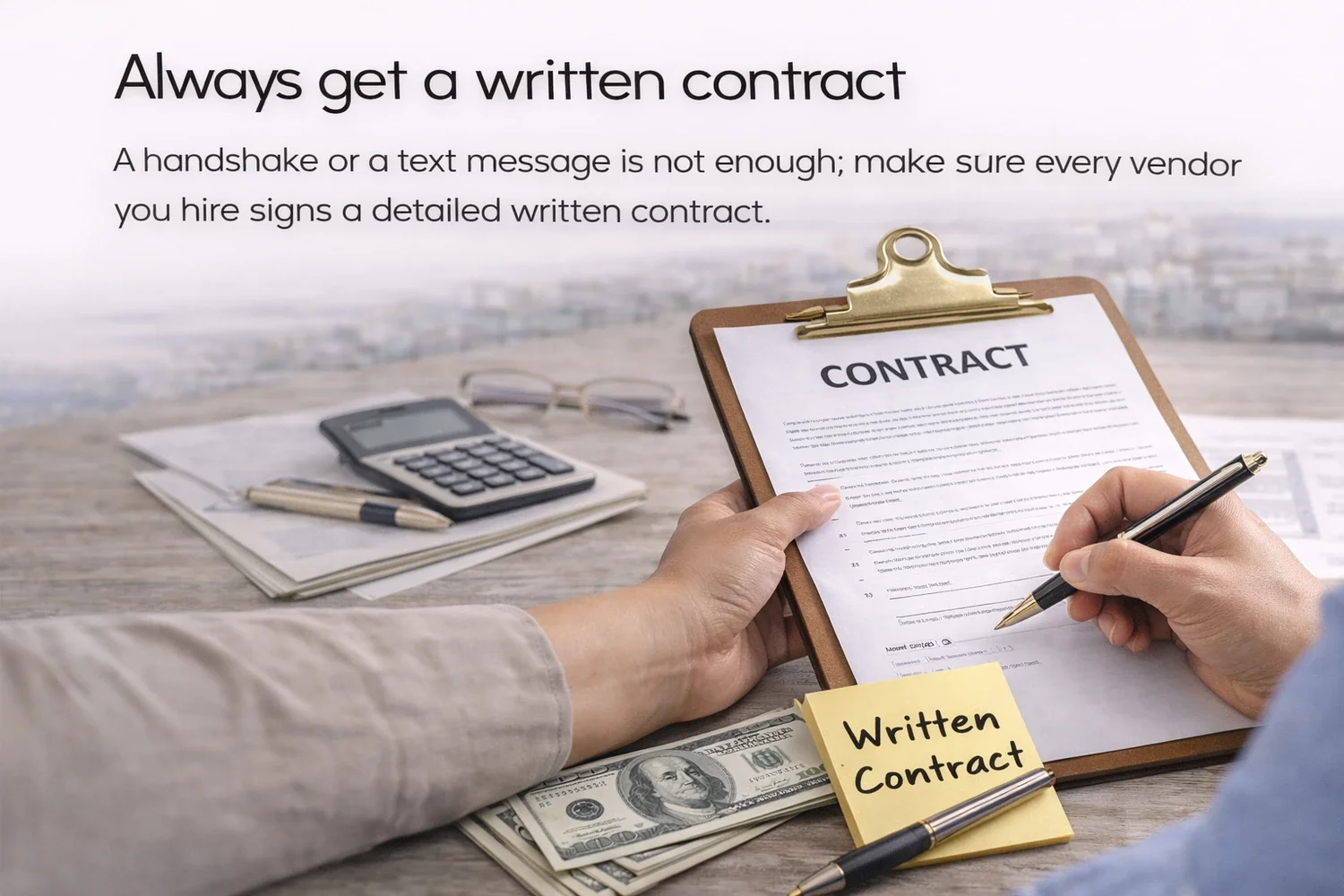 Family signing a written quinceañera vendor contract