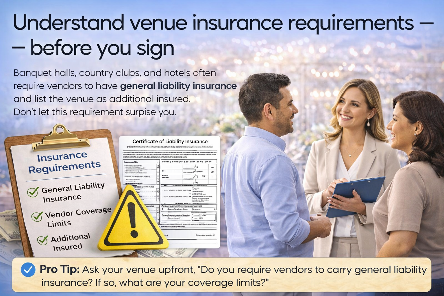 parents meeting with venue coordinator reviewing certificate of liability insurance and vendor insurance requirements at event venue