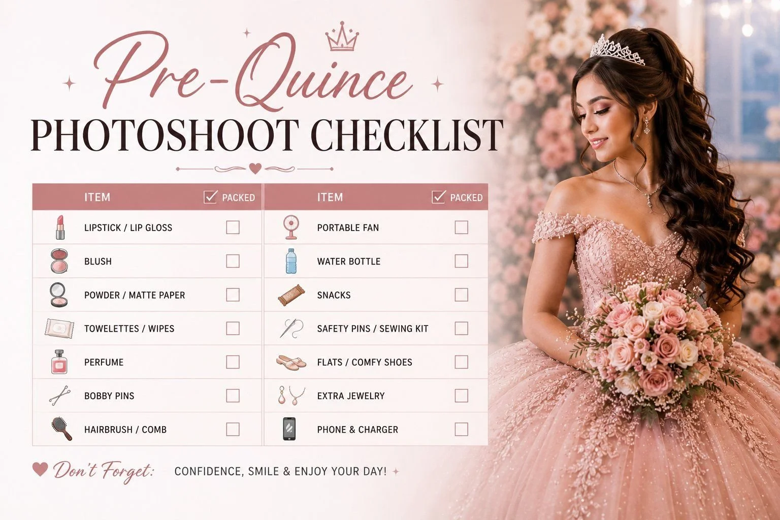 Pre-quinceañera photoshoot checklist with 14 essential items including makeup, hairbrush, water, snacks, comfy shoes, and safety pins — packing list for DFW quinceañera preshoot sessions.