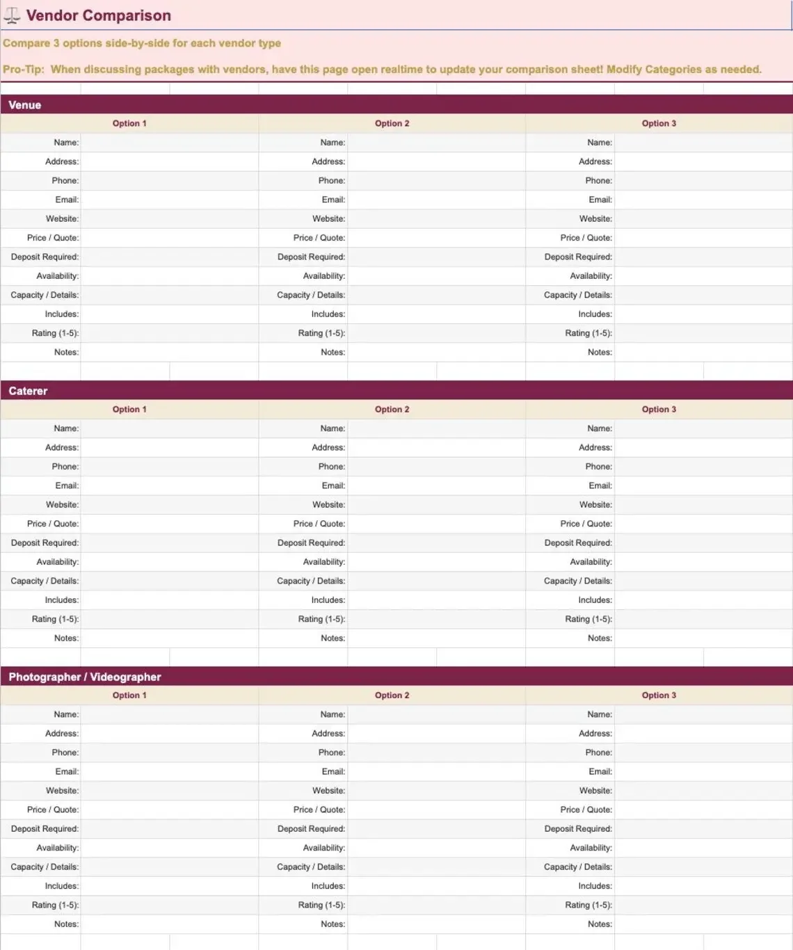 Quinceañera Planner décor and design board tracking centerpieces, table arrangements, balloon arches, lighting, photo backdrops, and chair sashes with colors, vendor sources, estimated costs, and DIY status