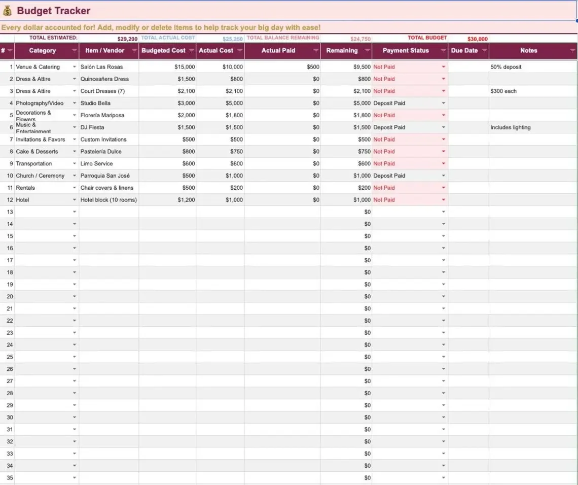Quinceañera Planner photography and video shot list with 22+ must-have shots organized by moment — getting ready details, ceremony, family portraits, grand entrance, tiara crowning, last doll ceremony, and reception highlights