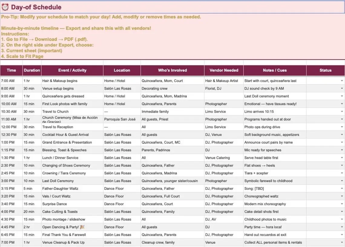 Quinceañera Planner guest list and RSVP manager with columns for guest name, relation, RSVP status, plus-ones, table assignment, meal choice, gift received, and thank-you note tracking