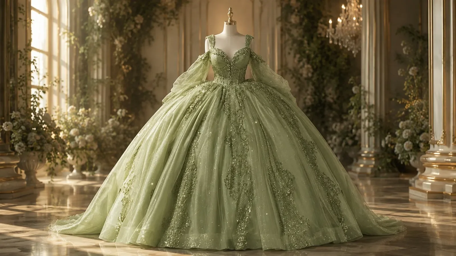 Sage green quinceañera ball gown with sparkle embellishments, sheer cape sleeves, and a sweetheart neckline — displayed in a sunlit conservatory setting