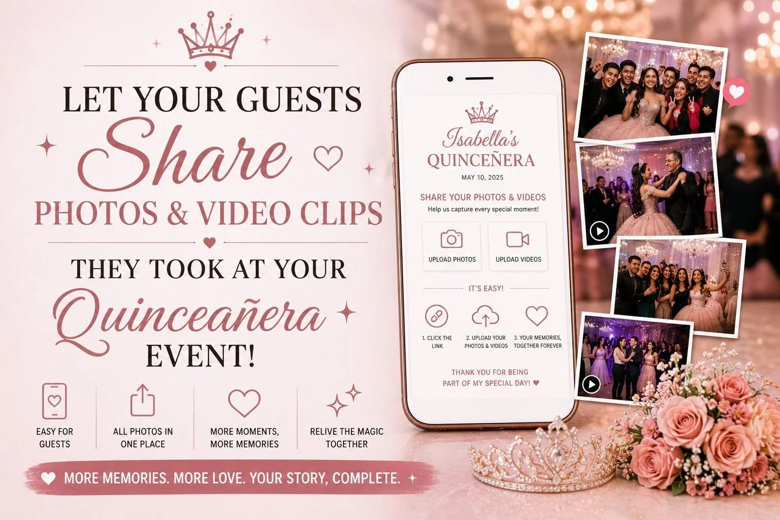 Quinceañera guest photo and video sharing system on smartphone with upload buttons, surrounded by candid event photos of guests dancing and posing — illustration for collecting guest-captured memories at a DFW quinceañera.