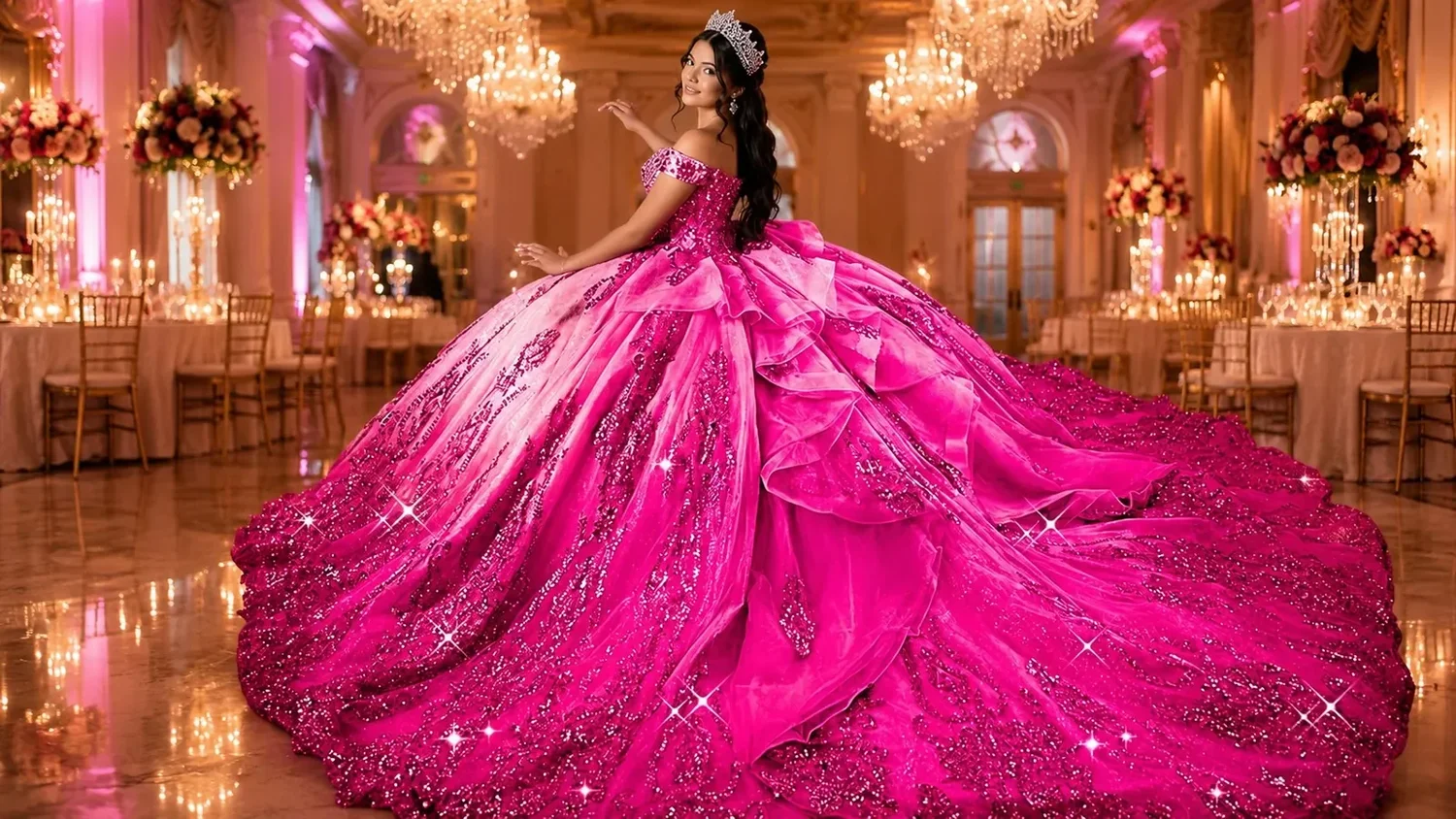 Vestido de quinceañera rosa fuerte de lentejuelas con hombros descubiertos, cola de barrido y falda brillante completa, con tiara en un salón de candelabros