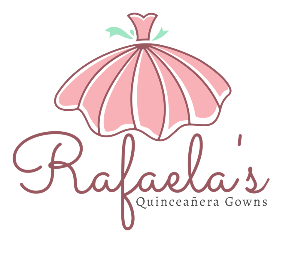 Logo for Rafaela's Quinceañera Gowns featuring a pink parasol and stylized text.