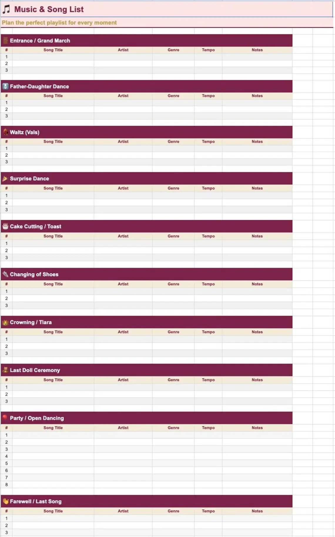 Quinceañera Planner dress comparison spreadsheet for tracking up to 5 quinceañera dress options with shop, designer, size, color, price, and rating, plus a fitting schedule with measurements and alteration costs