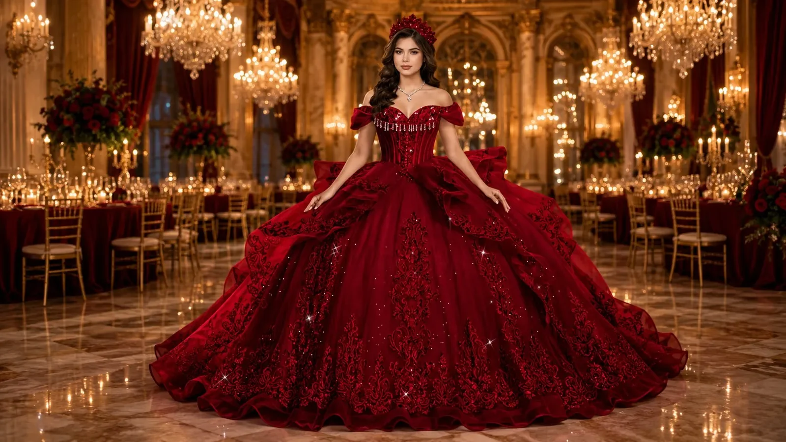 Red quinceañera ball gown with off-shoulder bodice, beaded sweetheart neckline, ornate red embroidered appliqué cascading down the skirt, and layered tulle ruffles — displayed on a model in a grand red-and-gold ballroom with chandeliers
