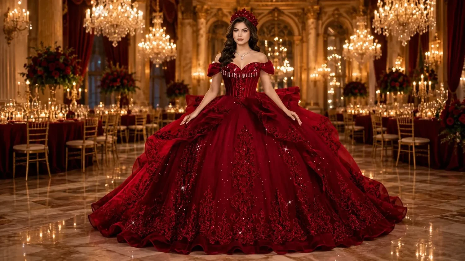Vestido de gala de quinceañera rojo con hombros descubiertos, escote corazón con pedrería, apliques bordados rojos cayendo por la falda y olanes de tul en capas, en un salón rojo y dorado con candelabros