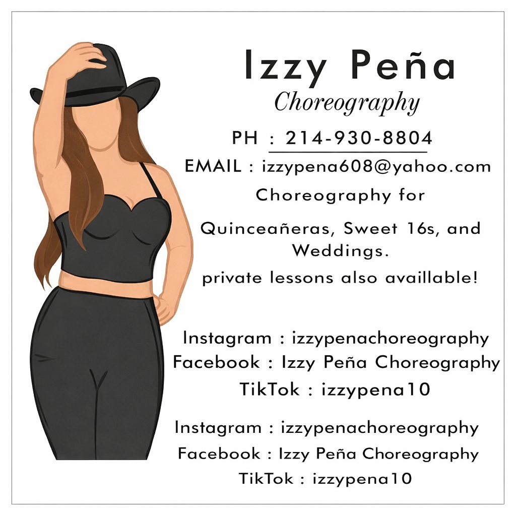 Business card for Izzy Peña Choreography, featuring a woman in a black outfit and hat holding her hat with one hand, and providing phone number, email, and social media handles.