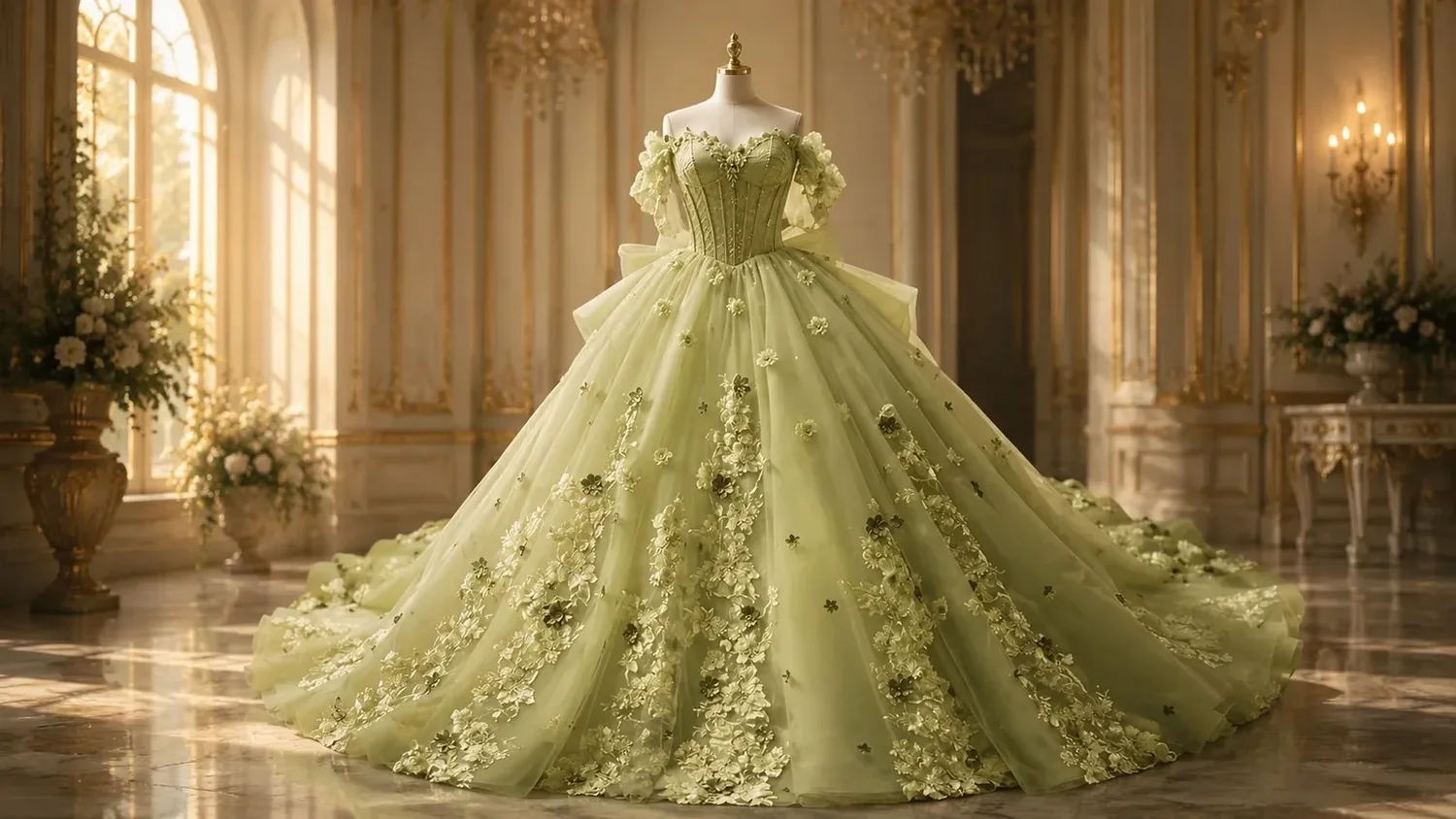 Vestido de gala de quinceañera verde salvia con hombros descubiertos y falda amplia de tul