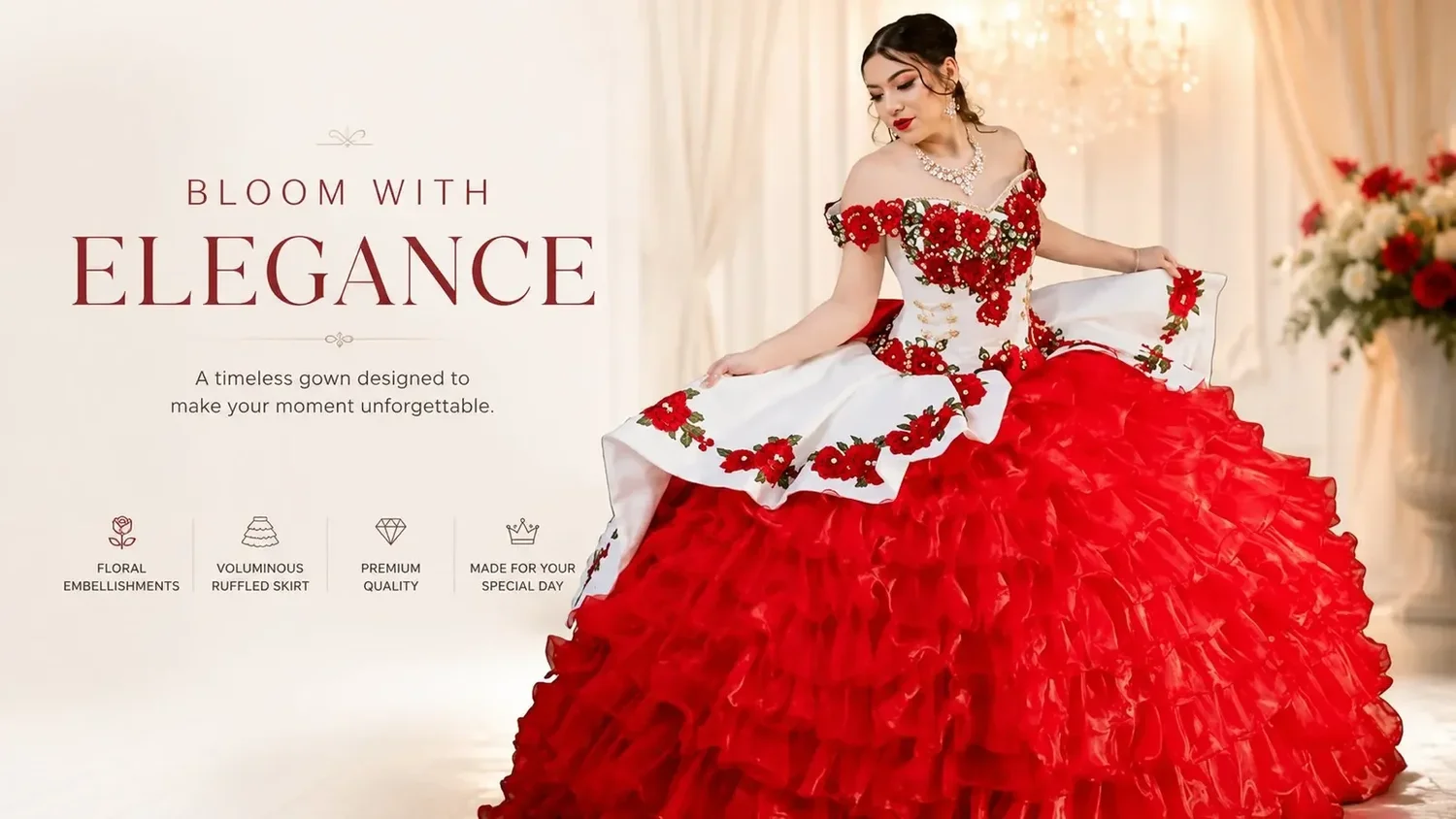 Vestido de quinceañera rojo estilo charro con hombros descubiertos, bordado floral rojo y blanco y falda roja de olanes voluminosa