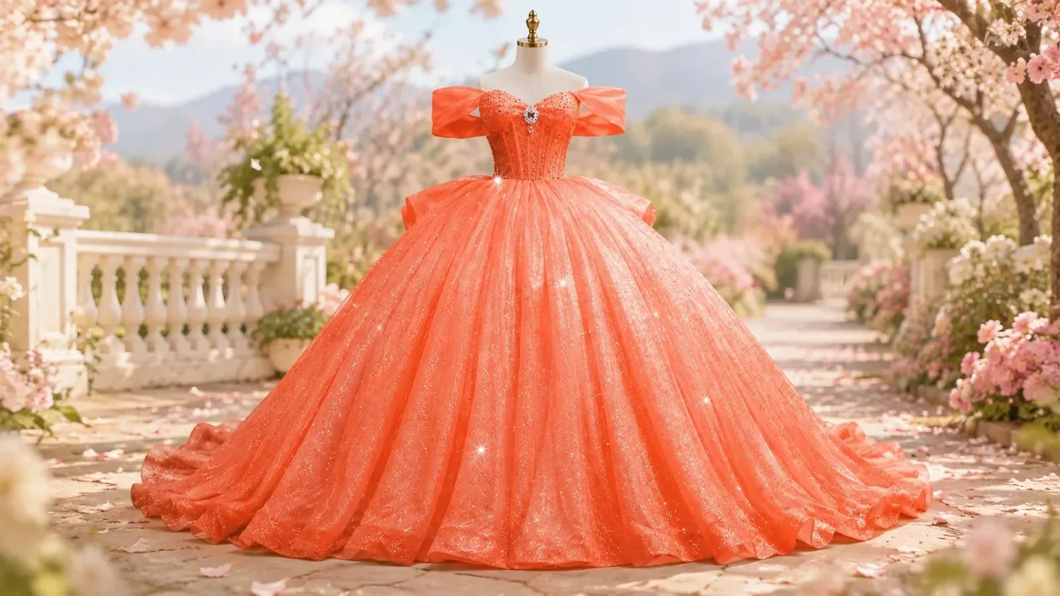 Vestido de quinceañera coral con corpiño de brillos, mangas de moño en los hombros y falda brillante completa, en un jardín primaveral de cerezos en flor