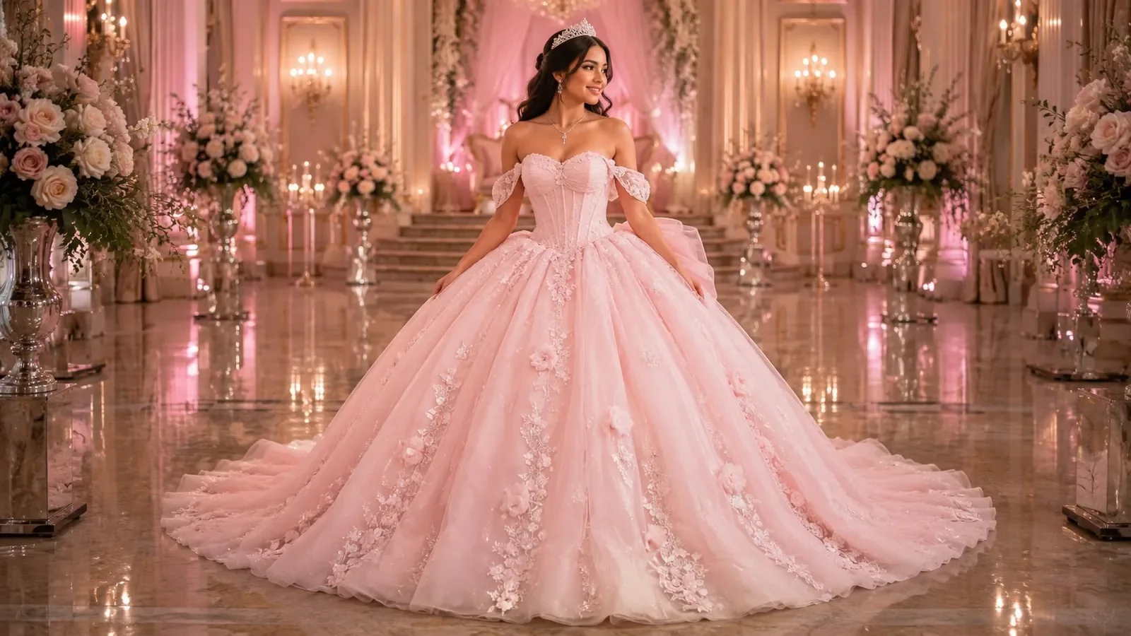 Pink quinceañera princess dress with off-shoulder bodice, beaded sweetheart neckline, 3D floral lace appliqués cascading down the skirt, and a model in a tiara — displayed in a pink-uplit royal ballroom with floral arrangements