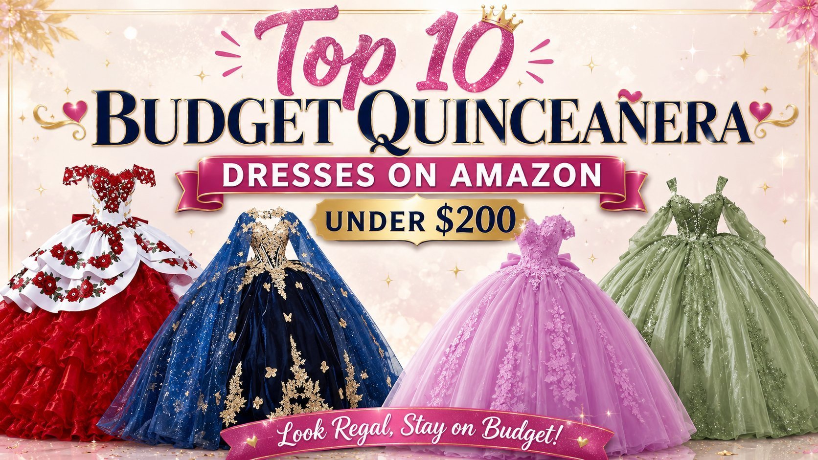 Top 10 Budget Quinceañera Dresses on Amazon Under $200 — four ball gowns in red, navy with butterflies, pink, and sage green