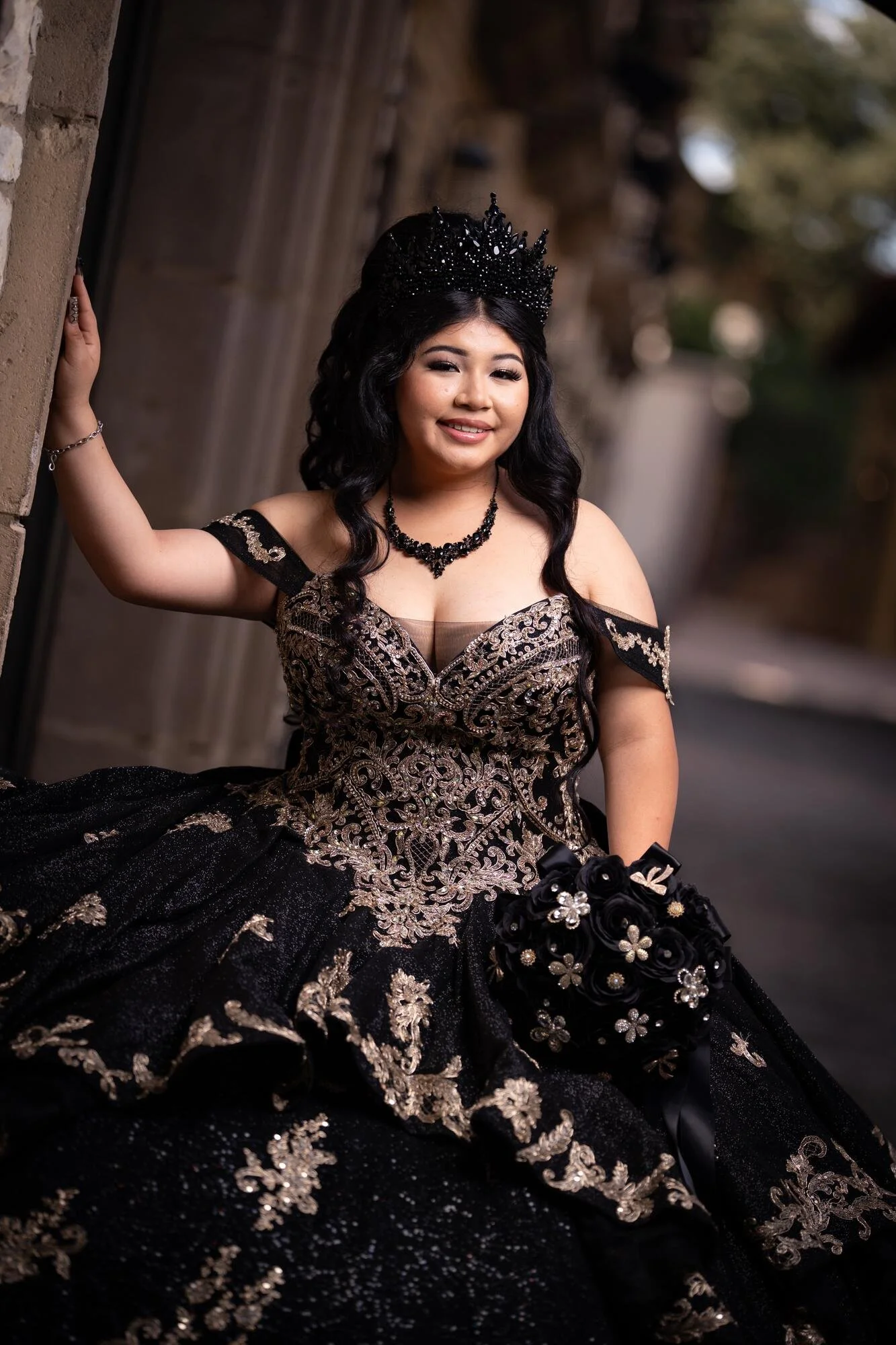 Quinceañera preshoot in Mandalay Place pedestrian street at Las Colinas Irving Texas with Mediterranean architecture