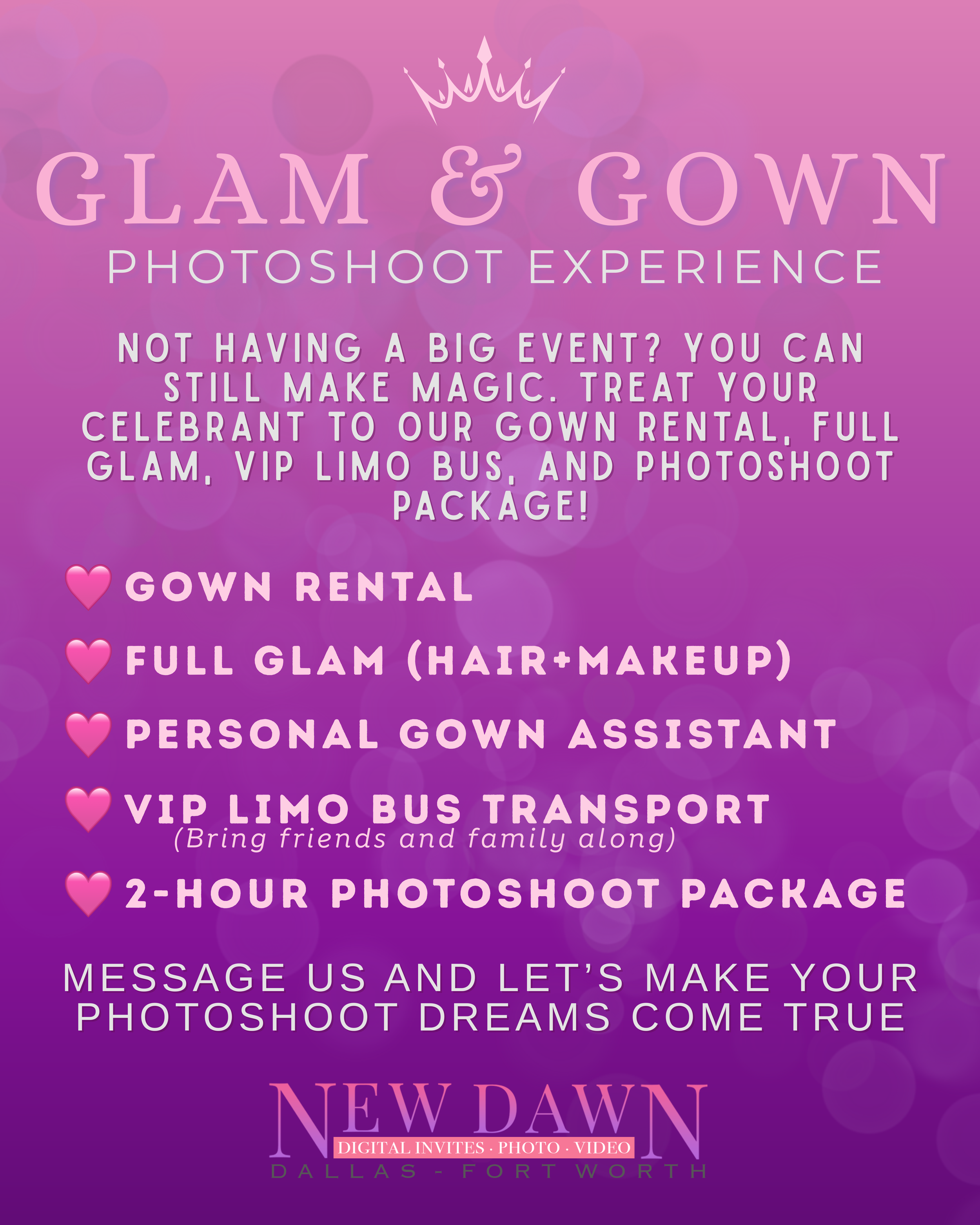 Glam & Gown photoshoot experience featuring gown rental, full glam hair and makeup, VIP limo bus, and professional quinceañera photography in Dallas Fort Worth