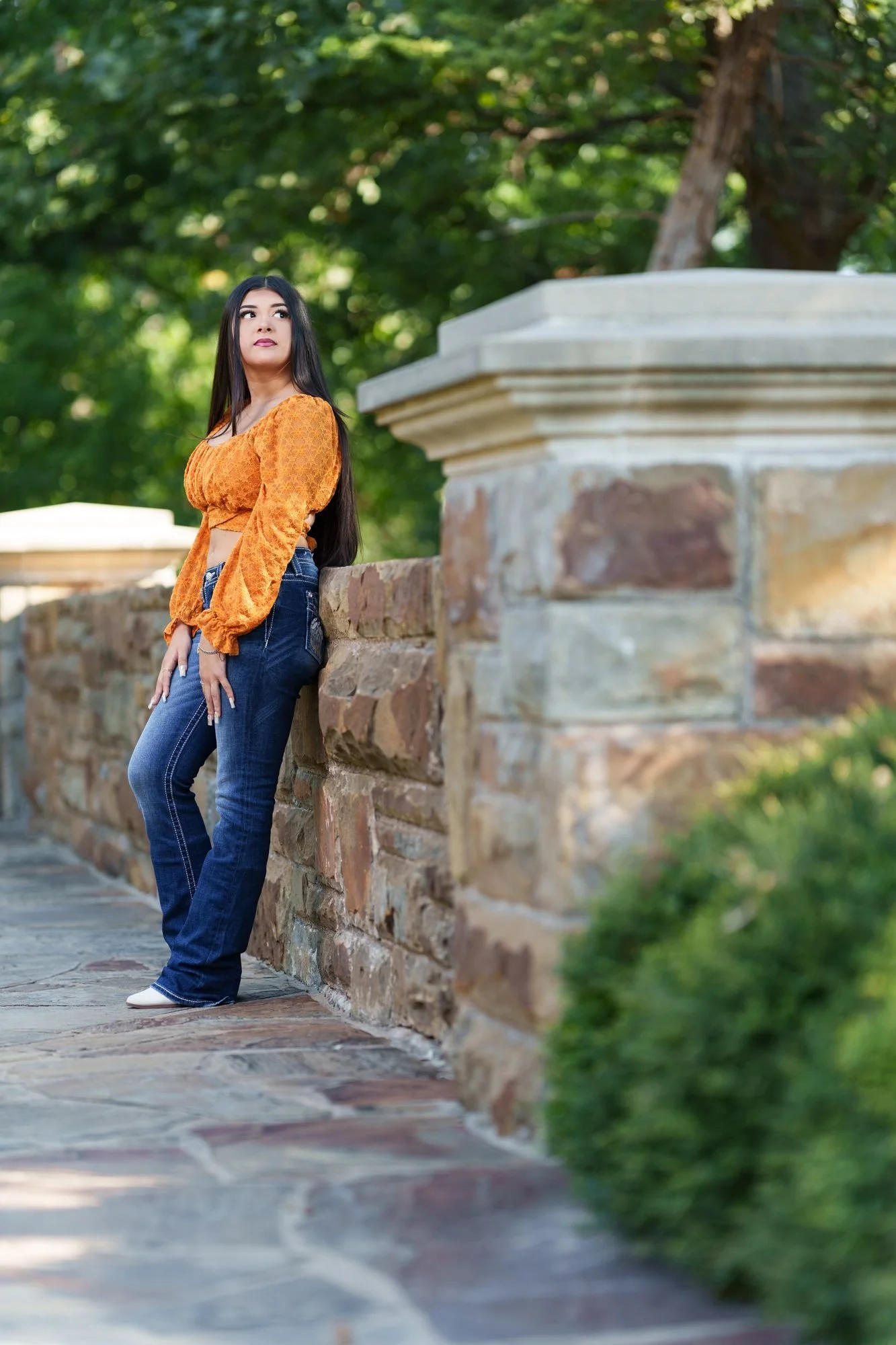 Peasant sleeve and bootcut jean styling at Fort Worth Botanic Garden during Nevaeh's Save the Date