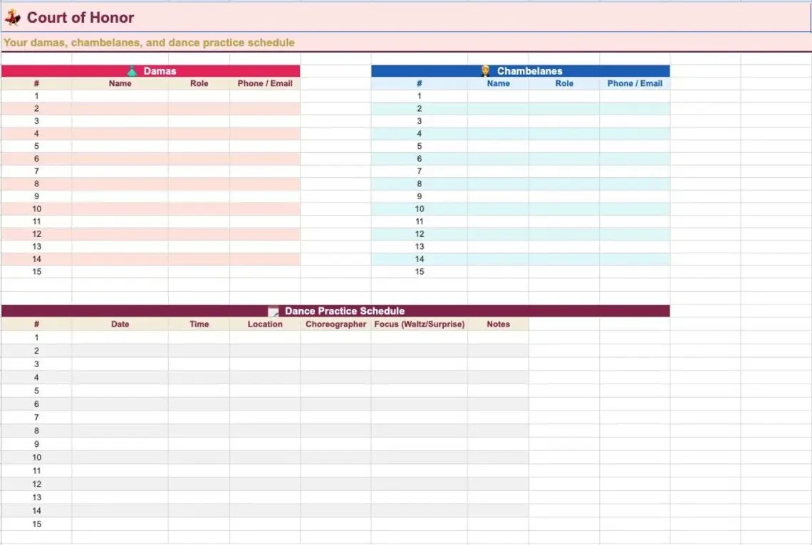 Quinceañera Planner rentals tracker spreadsheet for chair covers, arches, chocolate fountains, smoke machines, and other event rentals with company, deposit, total cost, arrival and return dates