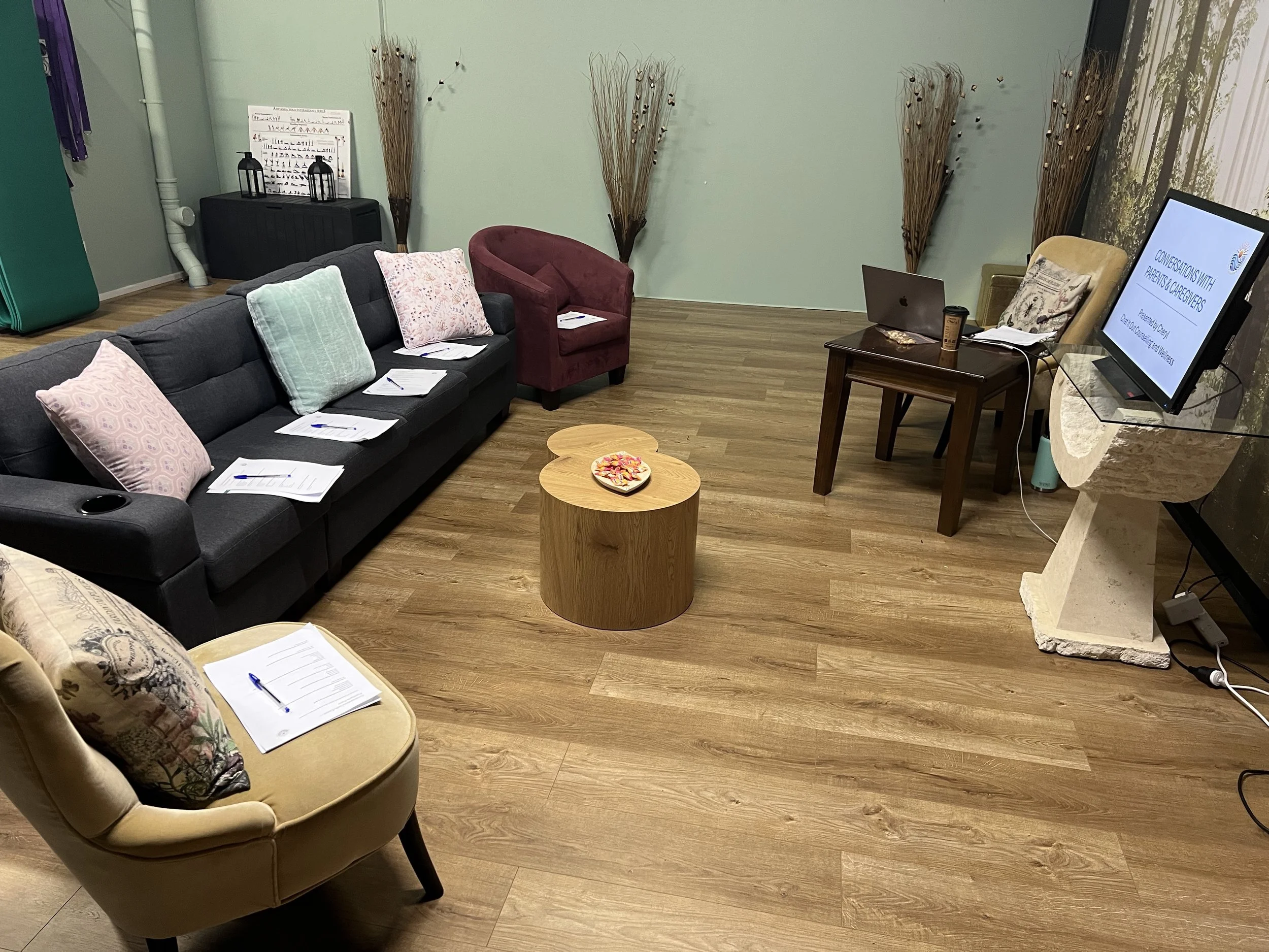 A room with seating for up to 6 people where interactive training occurs with Chat it Out