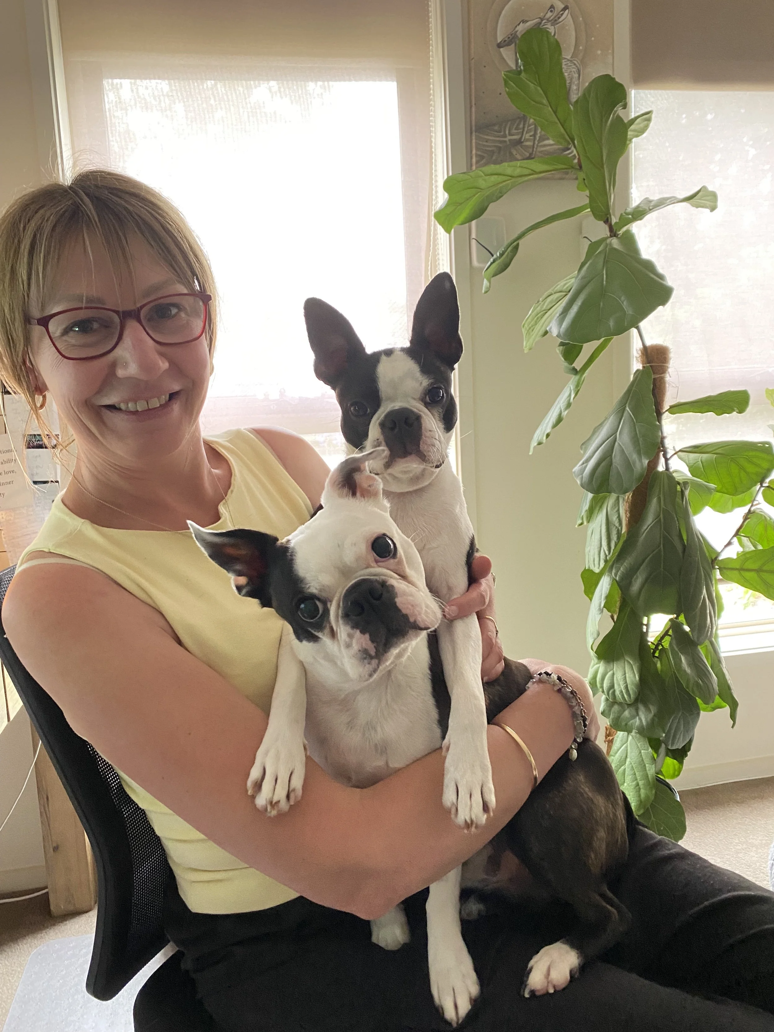 A picture of Cheryl smiling with her two boston terriers