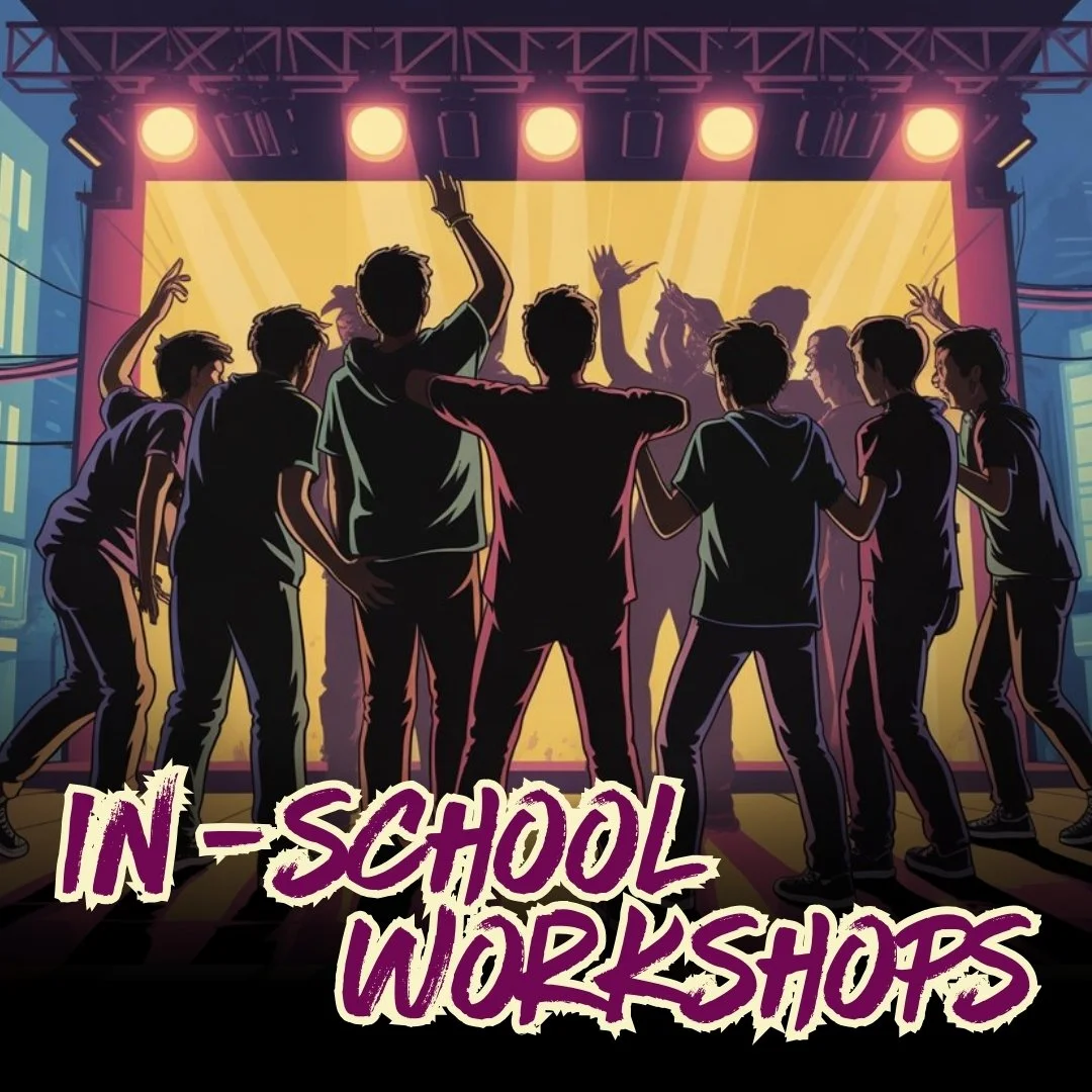 Illustration of teenagers playing and enjoying improv comedy on stage at a school workshop event on a stage with colorful lights, with the text 'In-School Workshops' in bold purple letters at the bottom.