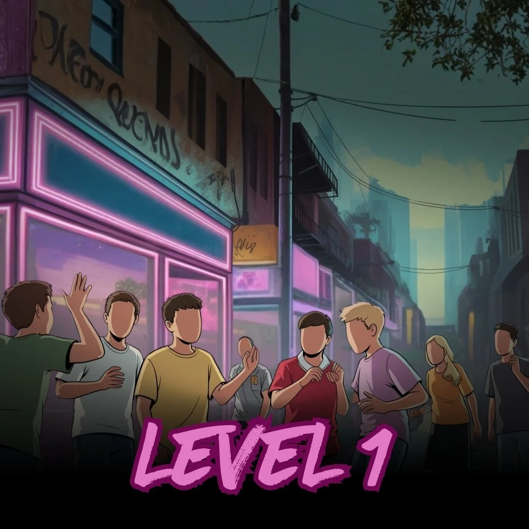 Digital illustration of a group of young people standing on a city street at dusk playing improv games, with neon pink and purple lights illuminating storefronts & buildings in the background, the text 'LEVEL 1' in bold purple letters at the bottom.