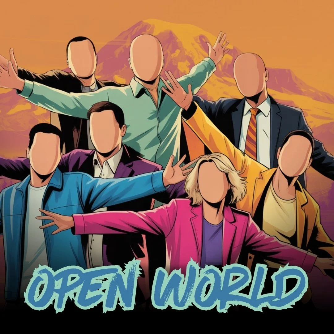 Colorful illustration of diverse people with faceless features, posing with outstretched arms in front of a mountain backdrop, with the text 'Open World' at the bottom. Improv theater.