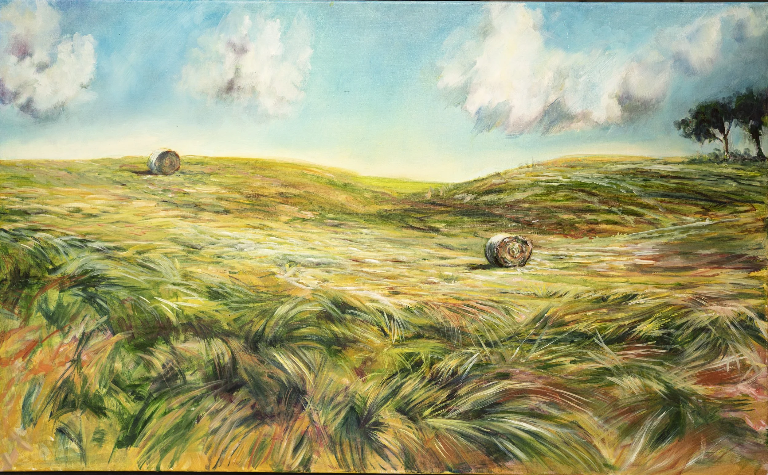 Paysage champêtre avec des collines ondulantes, deux balles de foin roulées dans un champ et quelques arbres au loin, sous un ciel bleu avec quelques nuages.