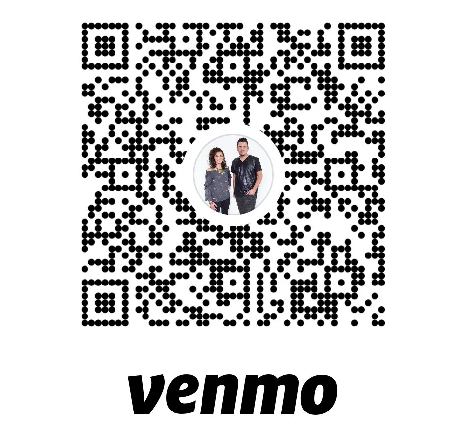 A Venmo QR code with a photo of two people in the center, a woman and a man, standing side by side, smiling.