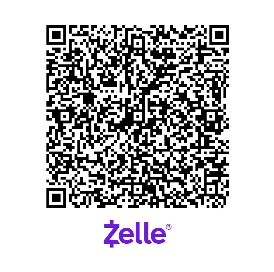 A QR code with the Zelle logo in purple text beneath it.