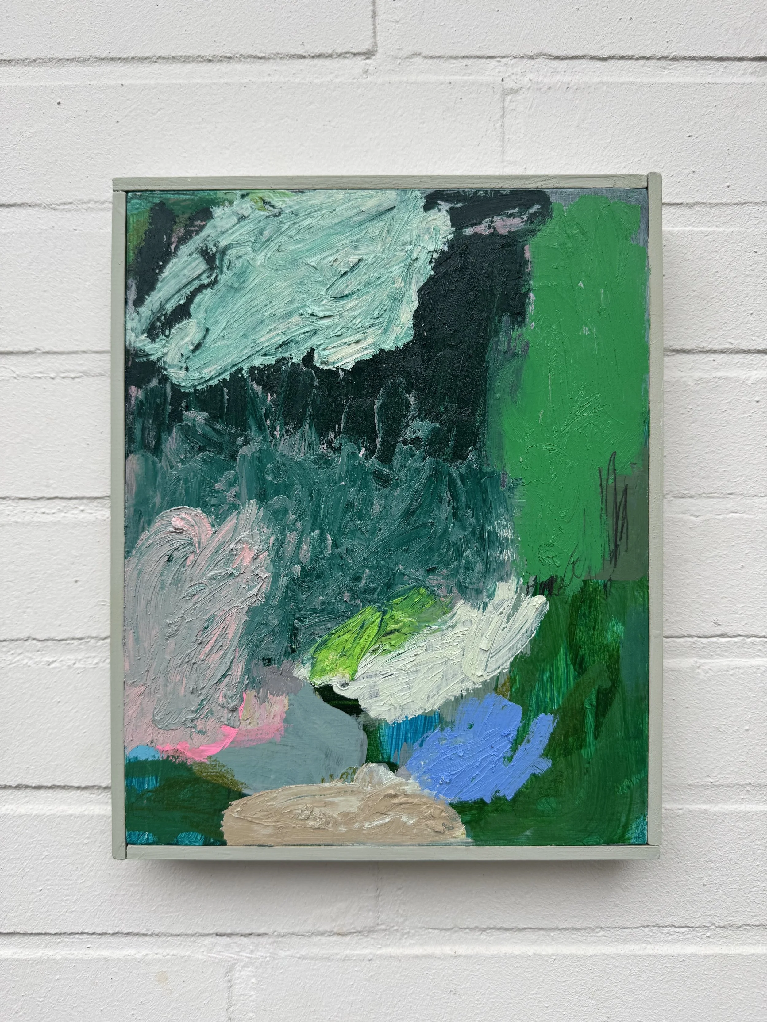 'Soft Terrain.' Oil & acrylic on cradled panel. 21.5cm x 26.5cm. Framed.