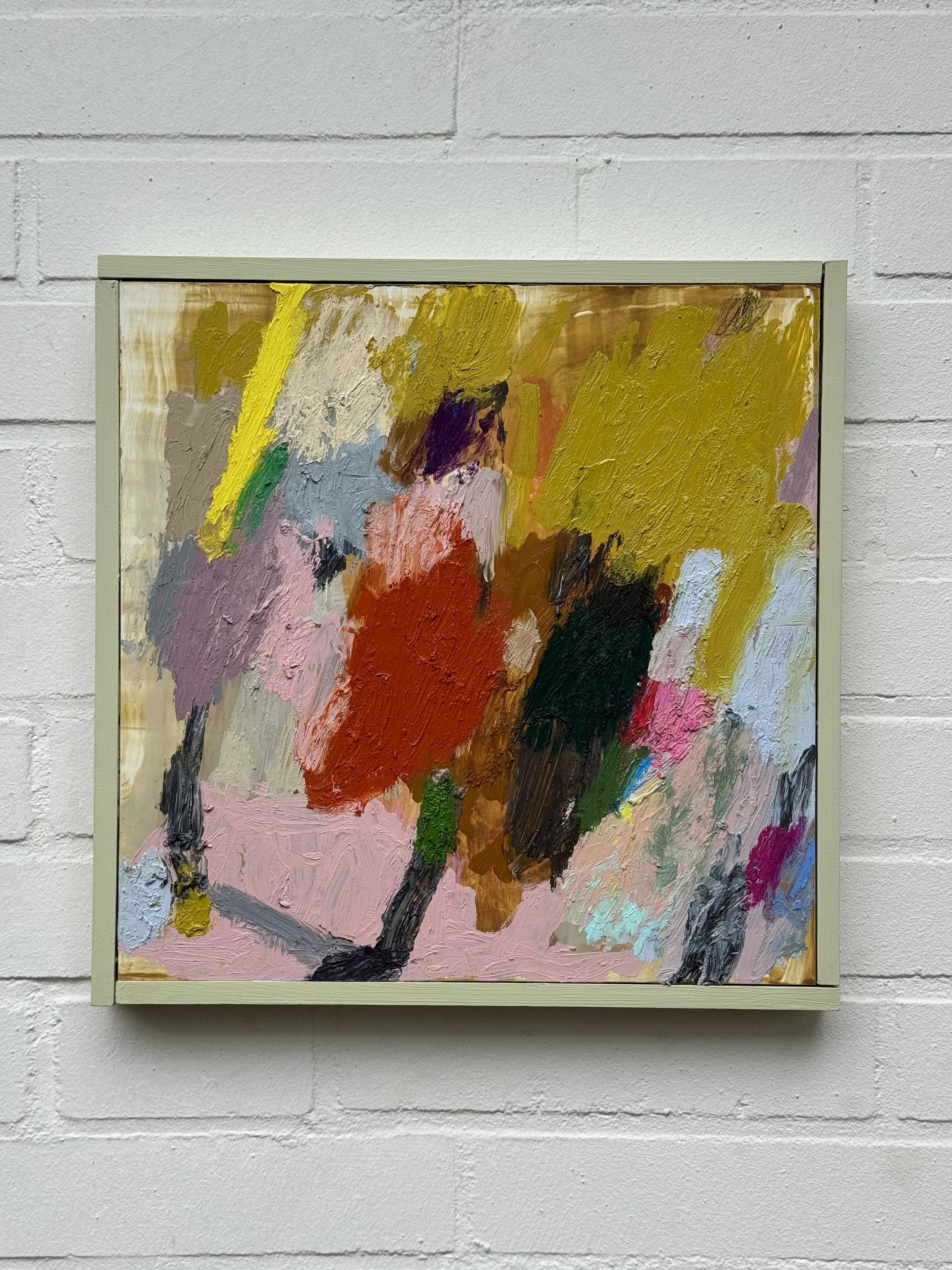 'Palette Party'. Oil & acrylic on cradled board. 31 x 31cm. Framed.