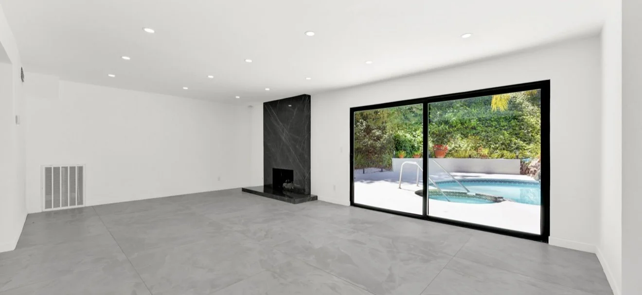 Open living room with sliding doors.